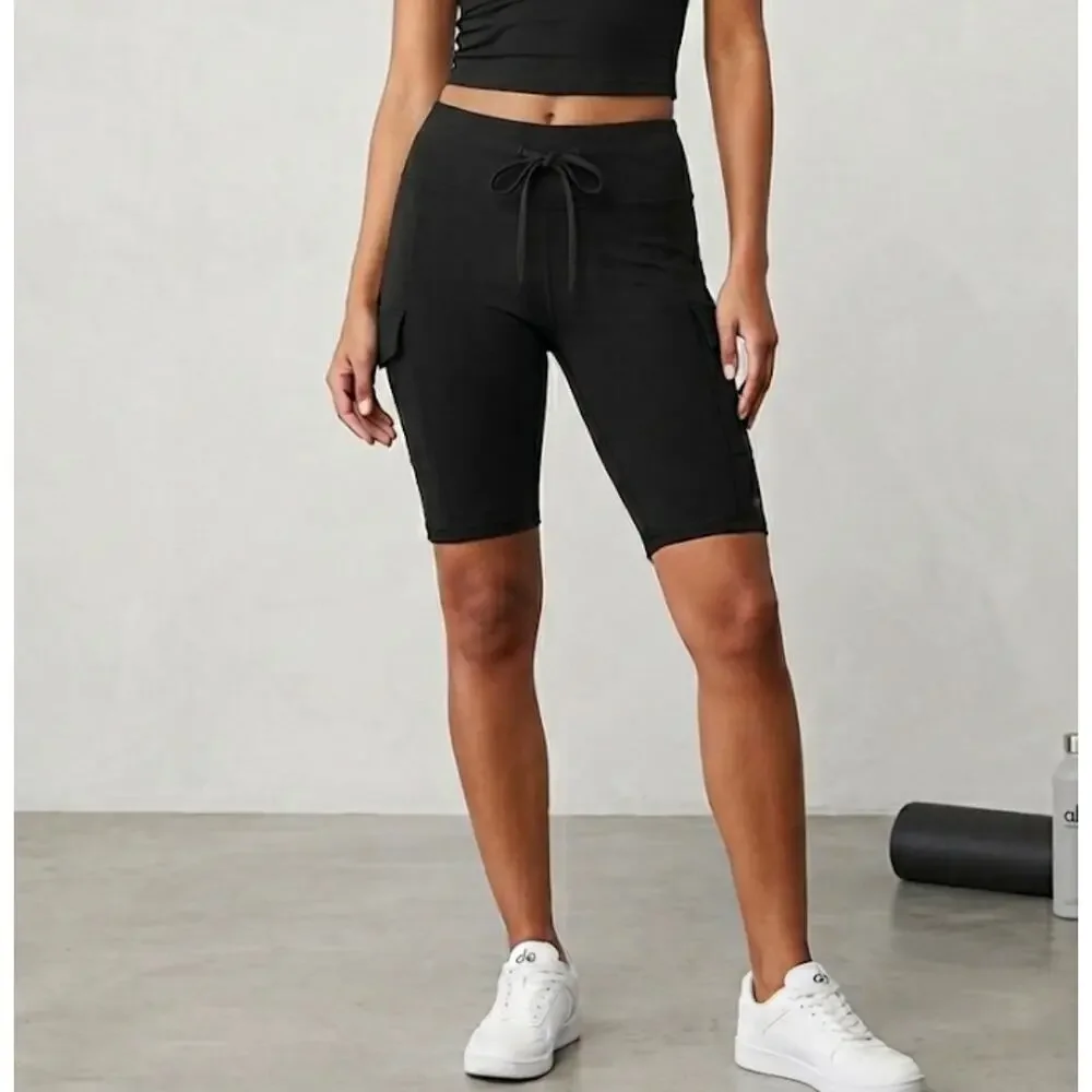 Alo Yoga Black Cargo Drawstring Bike Shorts Athletic Loungewear Active Size XXS